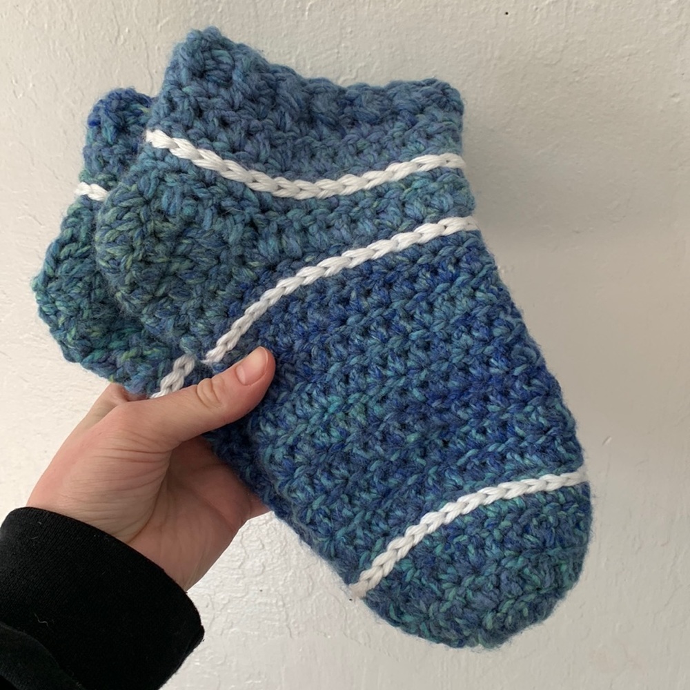 Handmade blue slipper socks with white stripes